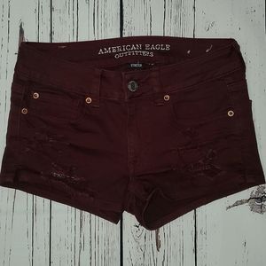 American Eagle Size 2 stretchy maroon burgundy dark red ripped shortie shorts